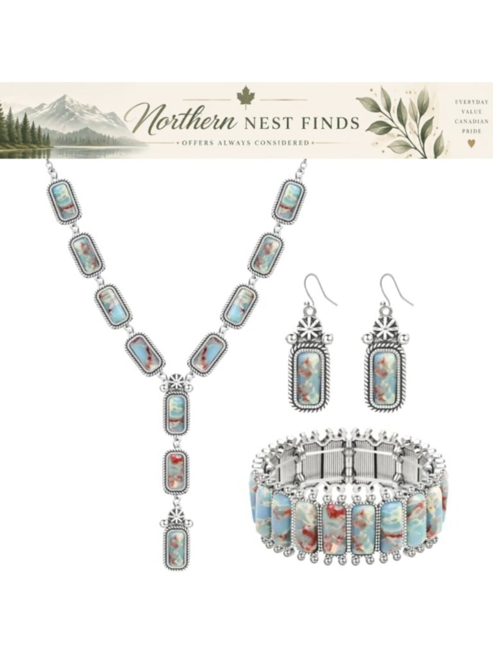 4 Pc Bohemian Turquoise Jewelry Set Necklace Bracelet Earrings